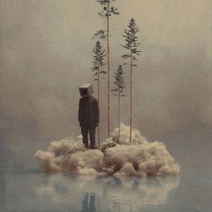 Preview wallpaper man, cube, cloud, trees, water, art