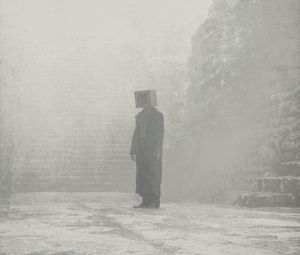Preview wallpaper man, cube, coat, fog, fantasy, art