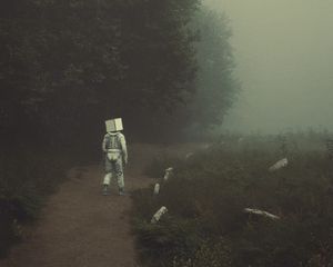 Preview wallpaper man, cube, fantasy, art, trail