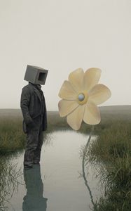 Preview wallpaper man, cube, flower, river, grass, art