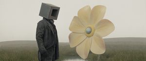Preview wallpaper man, cube, flower, river, grass, art