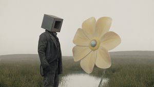 Preview wallpaper man, cube, flower, river, grass, art