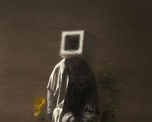 Preview wallpaper man, cube, flowers, art