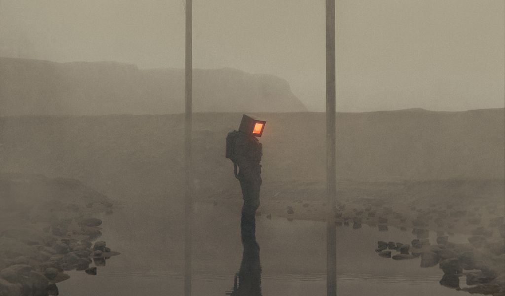 1024x600 Wallpaper man, cube, fog, wires, poles, art