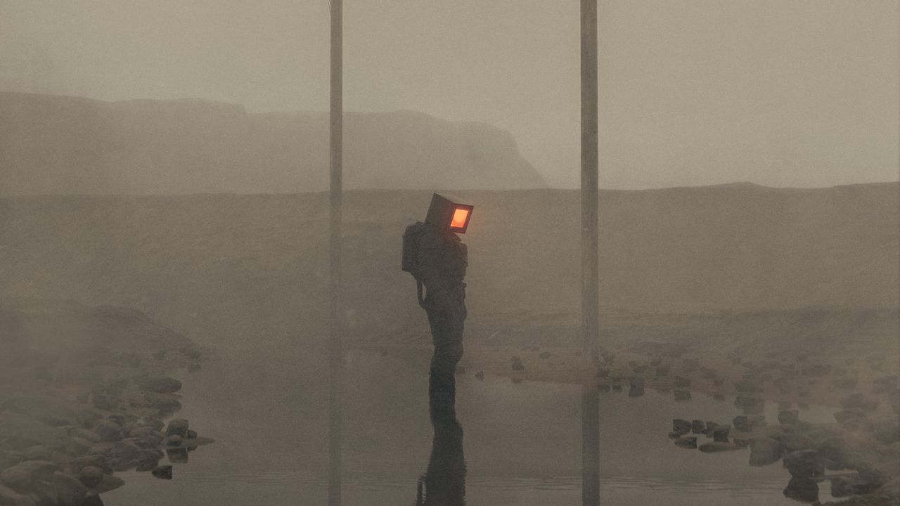 Wallpaper man, cube, fog, wires, poles, art