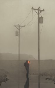 Preview wallpaper man, cube, fog, wires, poles, art