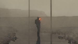 Preview wallpaper man, cube, fog, wires, poles, art
