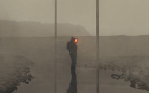 Preview wallpaper man, cube, fog, wires, poles, art