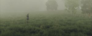 Preview wallpaper man, cube, fog, meadow, art