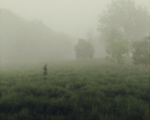 Preview wallpaper man, cube, fog, meadow, art