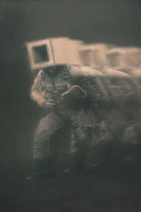 Preview wallpaper man, cube, fog, fantasy, art