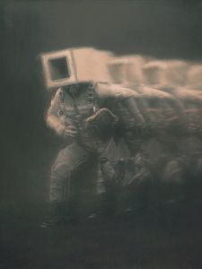 Preview wallpaper man, cube, fog, fantasy, art