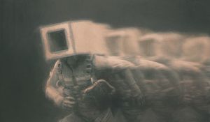 Preview wallpaper man, cube, fog, fantasy, art