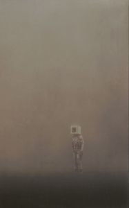 Preview wallpaper man, cube, fog, loneliness, art, fantasy