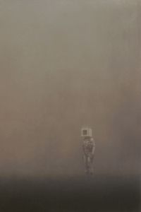 Preview wallpaper man, cube, fog, loneliness, art, fantasy