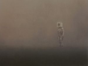 Preview wallpaper man, cube, fog, loneliness, art, fantasy