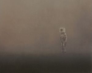 Preview wallpaper man, cube, fog, loneliness, art, fantasy