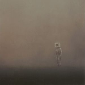 Preview wallpaper man, cube, fog, loneliness, art, fantasy