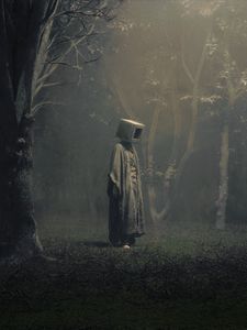 Preview wallpaper man, cube, forest, fog, surrealism, art