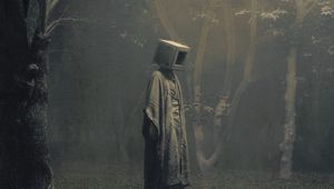 Preview wallpaper man, cube, forest, fog, surrealism, art