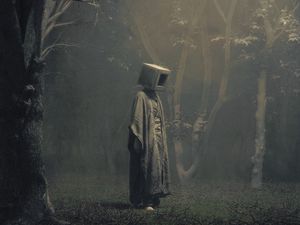 Preview wallpaper man, cube, forest, fog, surrealism, art