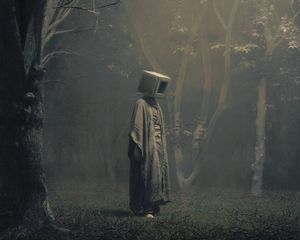 Preview wallpaper man, cube, forest, fog, surrealism, art