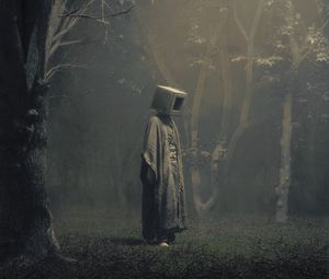 Preview wallpaper man, cube, forest, fog, surrealism, art