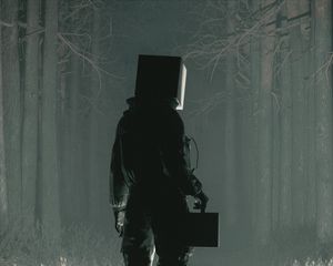 Preview wallpaper man, cube, forest, water, art