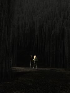 Preview wallpaper man, cube, forest, trees, dark, art