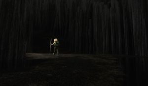 Preview wallpaper man, cube, forest, trees, dark, art