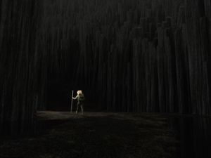 Preview wallpaper man, cube, forest, trees, dark, art