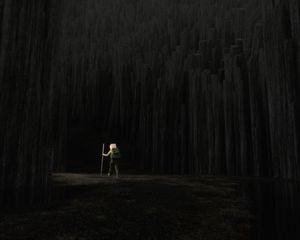 Preview wallpaper man, cube, forest, trees, dark, art