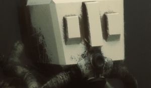 Preview wallpaper man, cube, gas mask, art