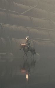 Preview wallpaper man, cube, horse, pipes, art