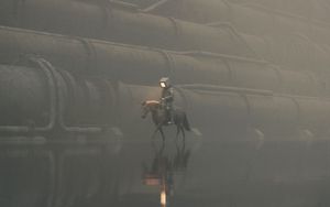 Preview wallpaper man, cube, horse, pipes, art