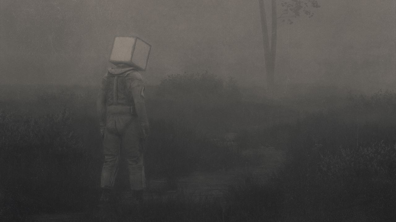 Wallpaper man, cube, loneliness, fog, fantasy, art