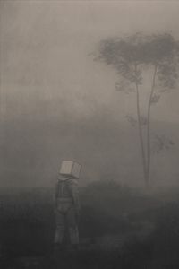 Preview wallpaper man, cube, loneliness, fog, fantasy, art