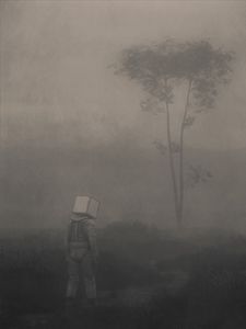 Preview wallpaper man, cube, loneliness, fog, fantasy, art