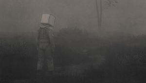 Preview wallpaper man, cube, loneliness, fog, fantasy, art