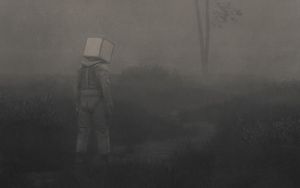 Preview wallpaper man, cube, loneliness, fog, fantasy, art