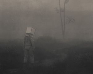 Preview wallpaper man, cube, loneliness, fog, fantasy, art