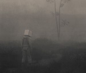 Preview wallpaper man, cube, loneliness, fog, fantasy, art