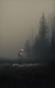 Preview wallpaper man, cube, meadow, fog, art