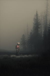 Preview wallpaper man, cube, meadow, fog, art