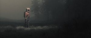 Preview wallpaper man, cube, meadow, fog, art