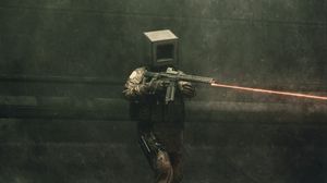 Preview wallpaper man, cube, military, weapon, laser, dark, art