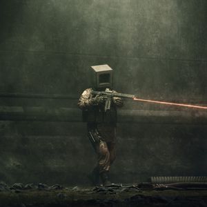 Preview wallpaper man, cube, military, weapon, laser, dark, art