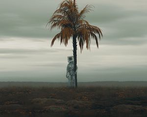 Preview wallpaper man, cube, palm tree, art