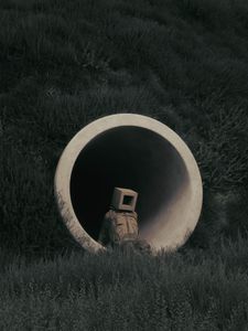 Preview wallpaper man, cube, pipe, grass, art