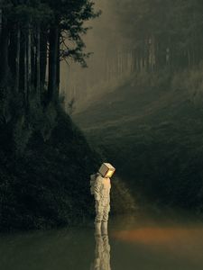 Preview wallpaper man, cube, pond, forest, art